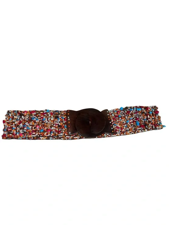 Beaded Multicolor Stretch Waist Belt with Wooden Buckle unique artsy‎
