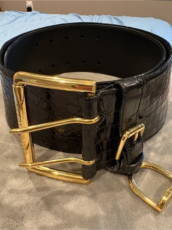 Black Ralph Lauren Genuine Croc. Belt w/ Brass Hardware, M, Black Label