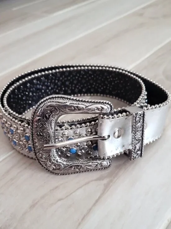 Vintage Silver Metallic Western Style Belt w/ Clear & Blue Rhinestone Studs