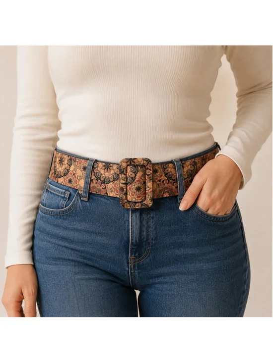 Bohemian Cork Floral Belt Womens Size L/XL Wide Vegan Leather Geo Mandala Print