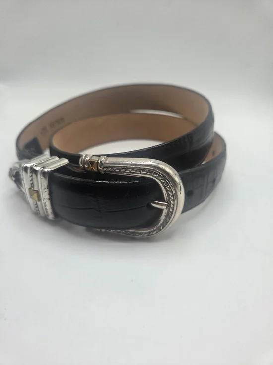 Brighton Black Leather Croc Belt with Silver/Gold Hardware Sz 32