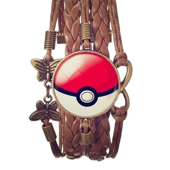 Pokeball Kids Bracelet Unisex Brown Woven Adjustable Butterfly Charm Cute‎ Anime
