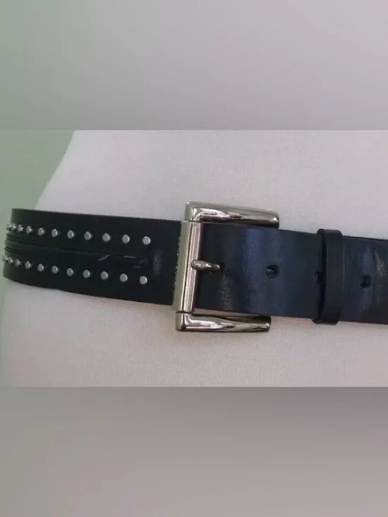 Michael Kors Black Leather Studded Belt with Silver Buckle
