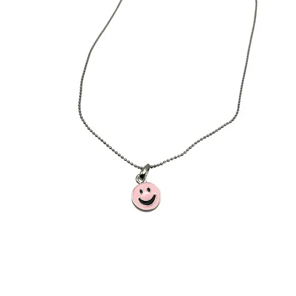 Smiley Face Pendant Necklace Pink Enamel Silver Tone Ball Chain Kidcore Kawaii