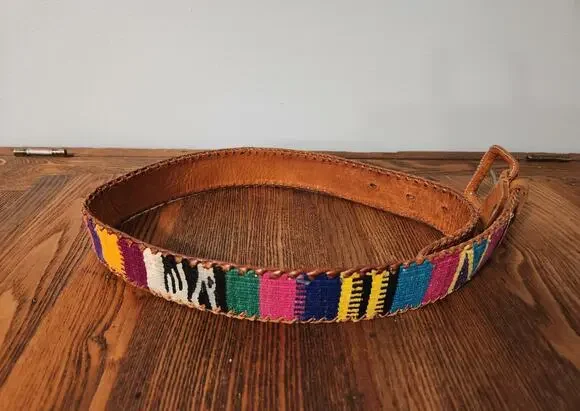 Vintage Handmade Leather Woven Boho Belt Colorful Festival Size 28