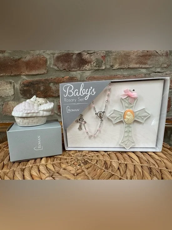 Roman Baby Rosary Set with Pink Beads and Decorative Cross