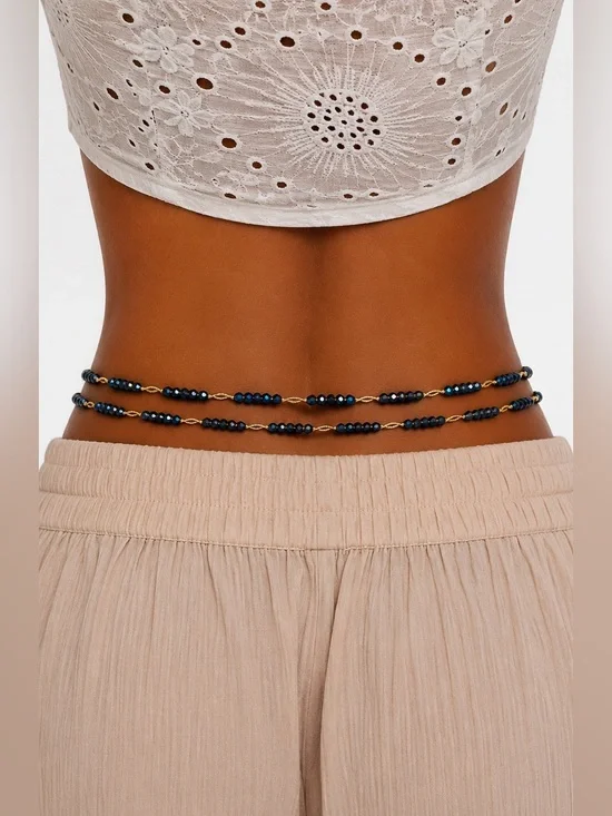 Handmade Beaded Waist Chain –blue Adjustable Gold-Tone Boho Belly Jewelry