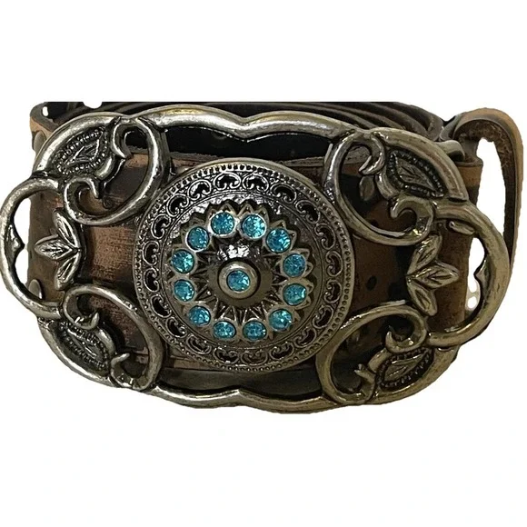 Western Vegan Leather‎ Belt Turquoise Concho Buckle Distressed Boho Southwestern