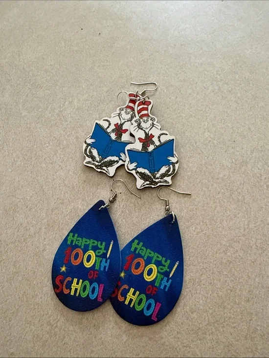Kids Blue 'Happy 100th of School' Teardrop Earrings