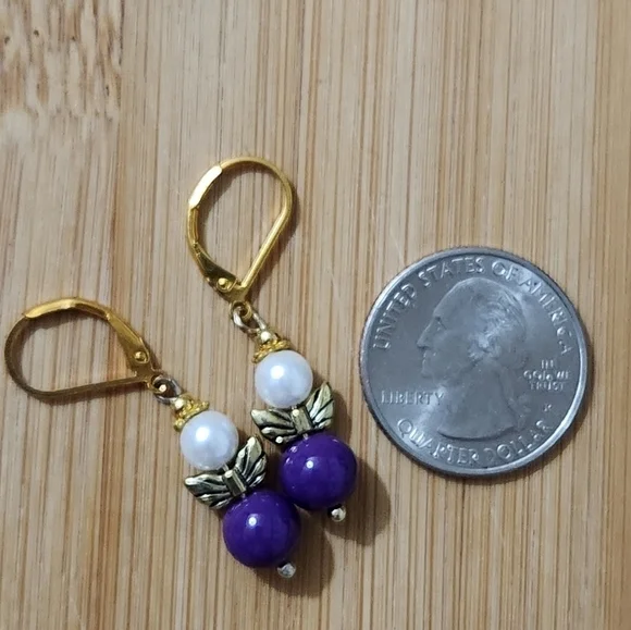 Hand Crafted Gold and Purple Beaded Earrings Pierced Dangle Angel