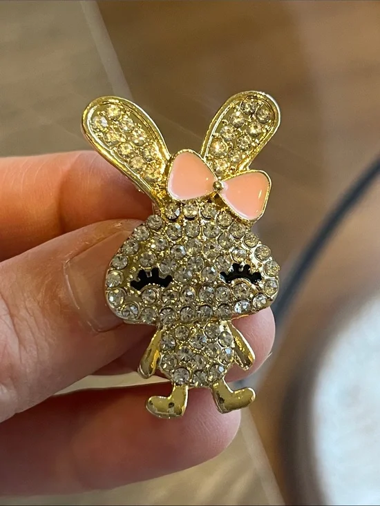 Silver (colored metal )  Glitter Bunny Pin with Pink Bow
