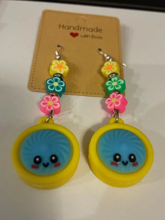 Handmade Yellow & Blue steam buns Smiley Dangle Earrings - Cute Flower Beads