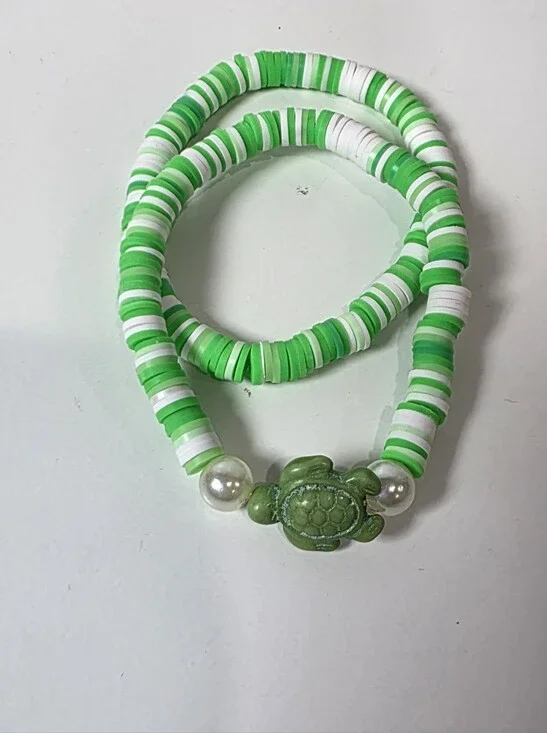 Green & White Turtle Bead Stretch Bracelet Set By Izzy G.