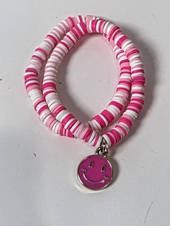 Pink and White Beaded Smile Charm Bracelet Set By Izzy G.