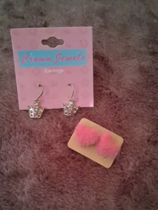 Kids Pink Crown Earrings and Pom Pom Studs