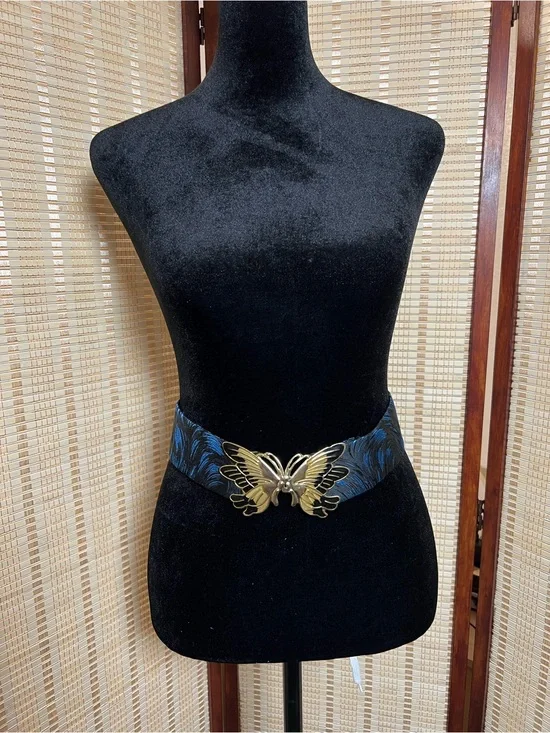 Vintage 80s/90s Butterfly Buckle Belt Blue Black Jacquard Fabric Waist Belt 🦋✨