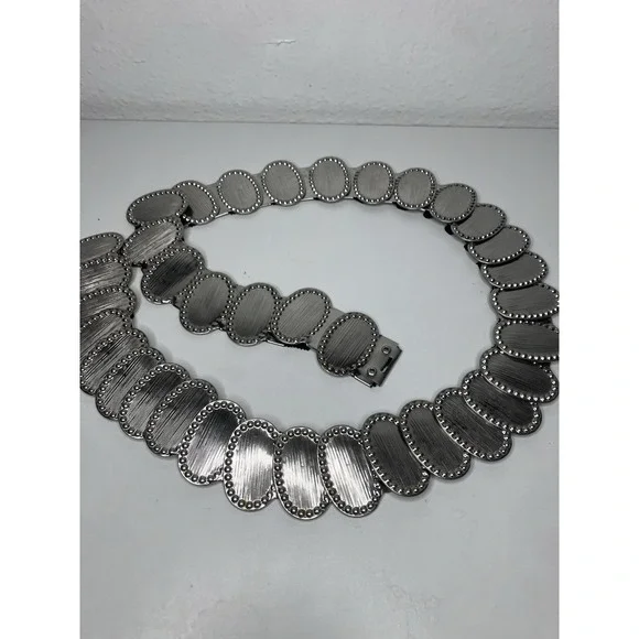 Vintage Silver Tone Metal & Black Elastic Stretch Textured Oval Medallions 2XL