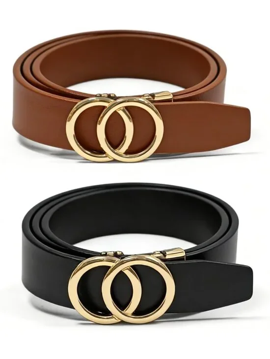 2-Pack Women's Genuine Leather Slim Waist Belts with Gold Buckle | Classic