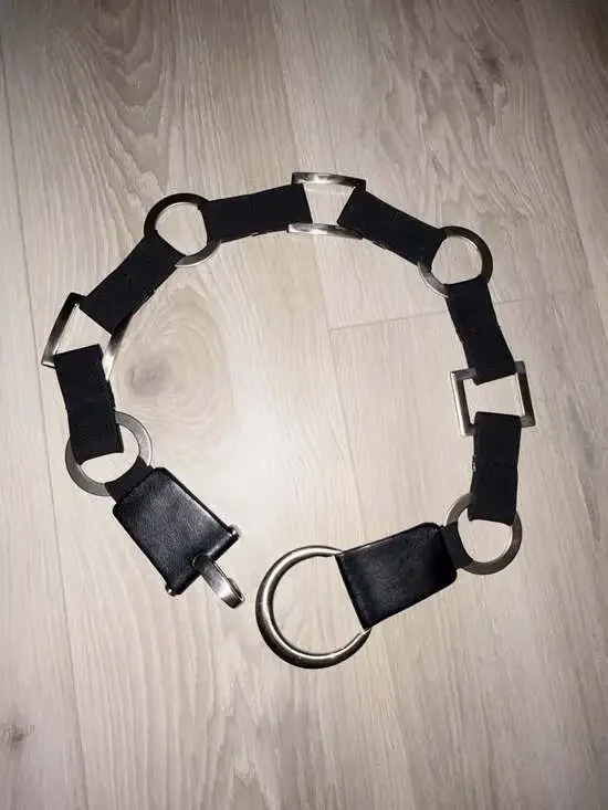 Vintage Suzi Roher Black Leather and Metal Geometric Link Stretch Belt