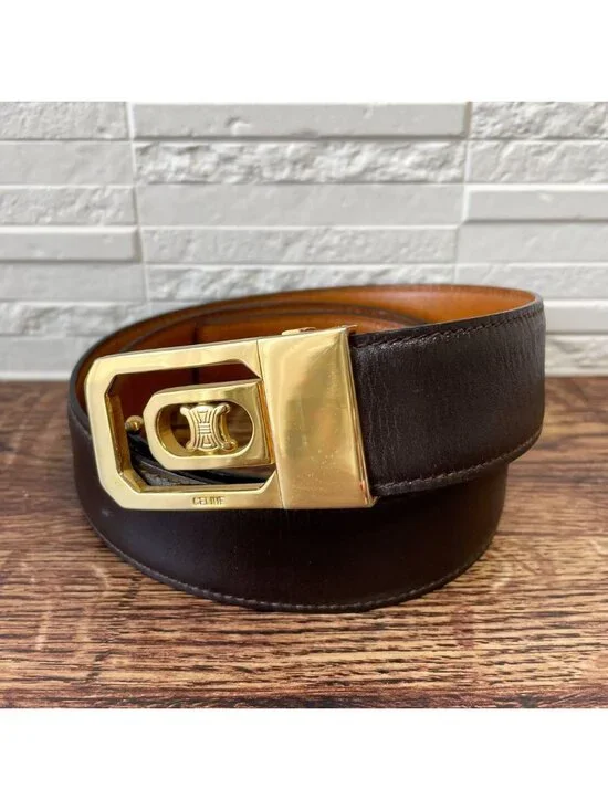 Celine Leather Triomphe Buckle Gold Belt Brown