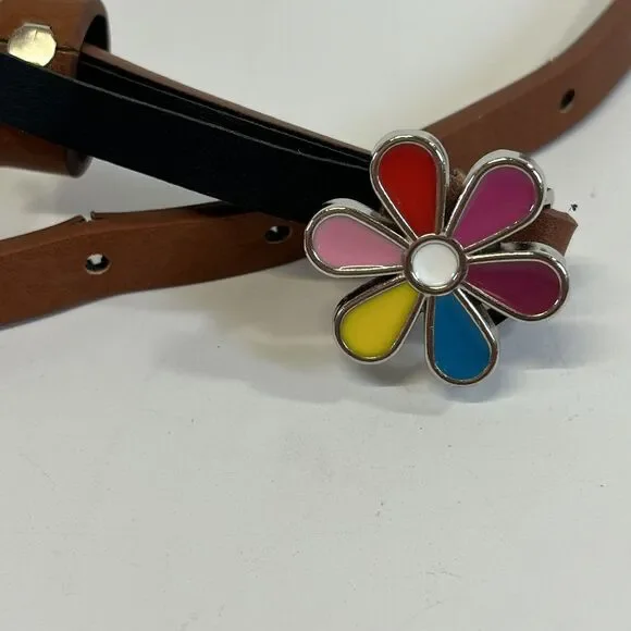BOHO‎ FAUX LEATHER SKINNY BELT COLORFUL ENAMEL FLOWER BUCKLE. 60's Hippie Vibe