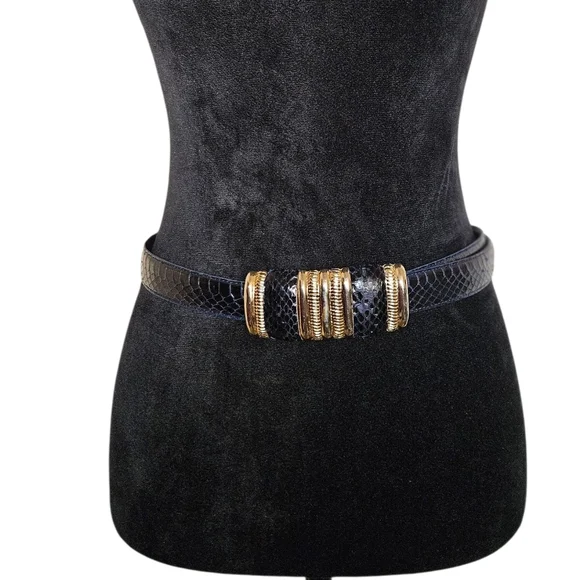 Vintage Women's Leather Shop Navy Blue Snakeskin Embellished Buckle Belt Size L