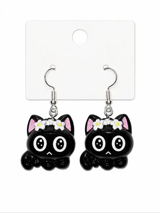 Cute Black Cat Fish Hook Dangle Earrings | Kawaii Floral Kitty | 2