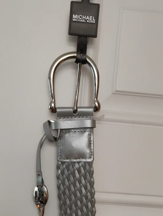 MICHAEL Michael Kors Men’s Silver Braided Leather Belt with Polished Buckle