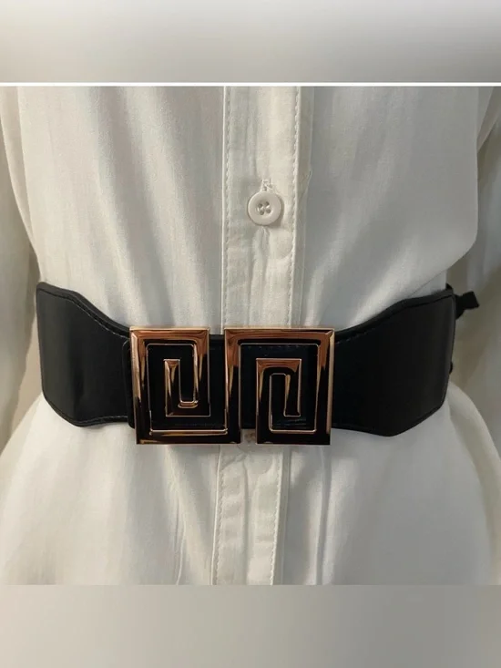 Black PU leather rectangle gold tone buckle elastic waistband belt