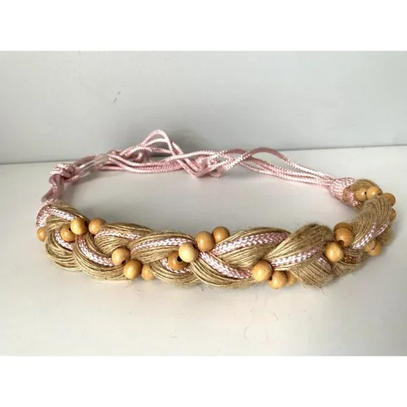 Vintage Statement Braided Beaded‎ Belt Womens Tan Pink Tie Waist 80s 90s Boho
