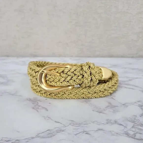 Vintage Metallic Gold Braided Rope Woven Belt with Metal Buckle