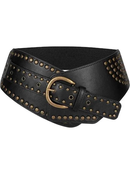 Vintage Wide Elastic Studded Waist Belt - Stretchy Rivets & Metal Buckle