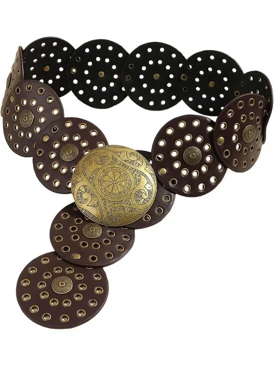 Boho Wide Disc PU Leather Waist Belt with Metal Buckle for Women - Stylish