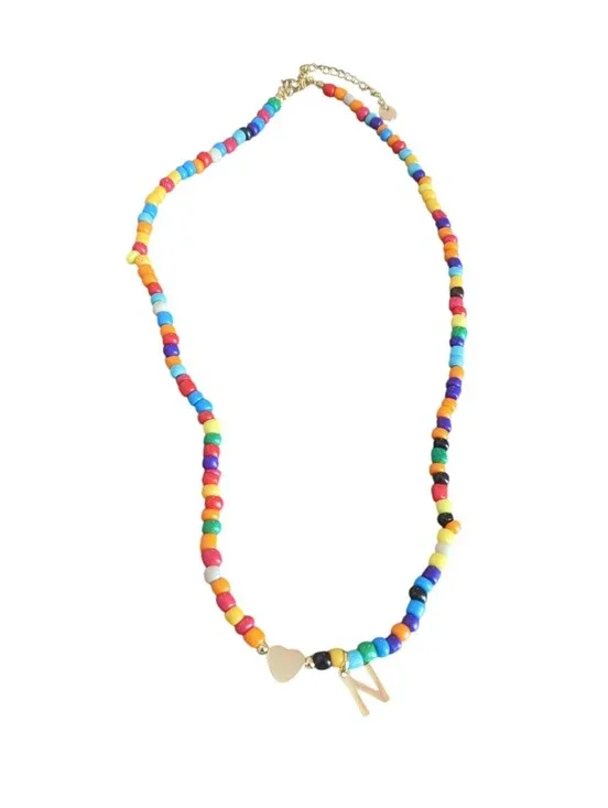 NWOT Vibrant Rainbow Beaded Necklace with Gold Heart & Initial 