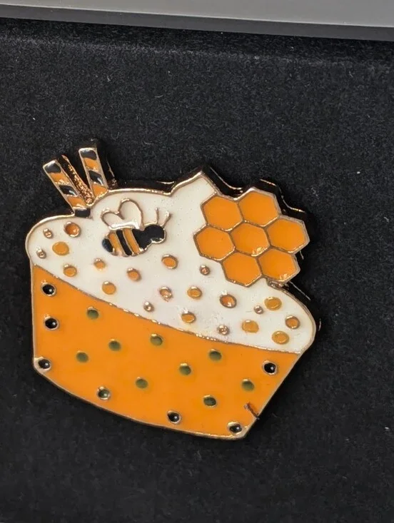 Honeycomb Bumblebee Cupcake Enamel Metal Pin - Orange & White