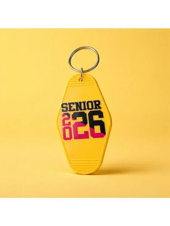 Senior Class Of 2026 Yellow Plastic Keychain With Bold Black & Pink Text