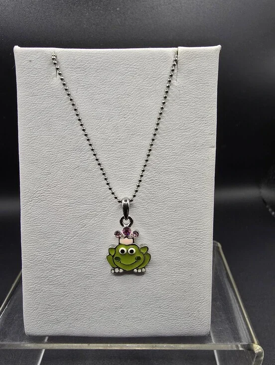 Cookie Lee Green Frog Pendant Necklace with Pink Crown and Small Rhinestone