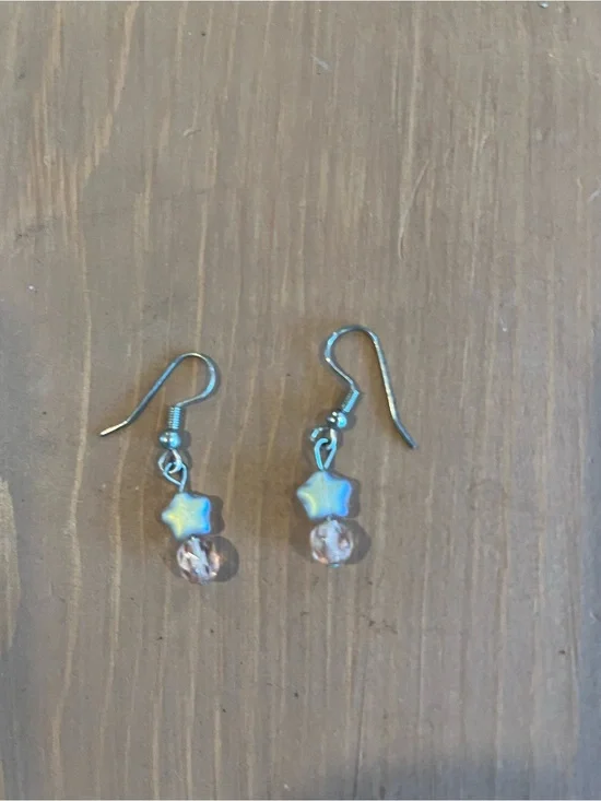Glass pink star and crystal accent silver tone ear wire handmade girls ladies