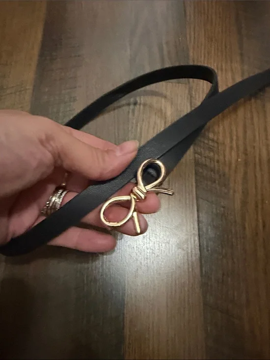 Black Faux Leather Loop Belt with Gold Bow Accent Large