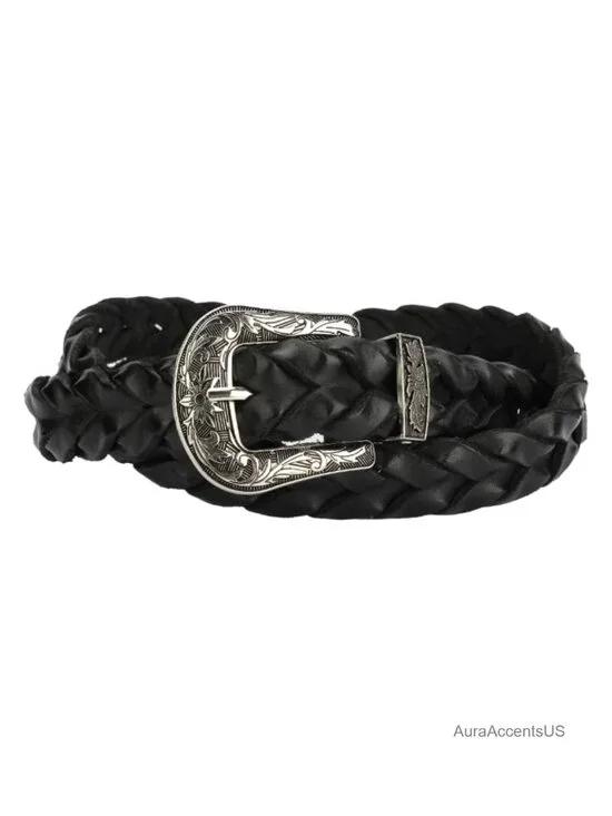 Genuine Leather Woven Western Belt with Engraved Metal Buckle