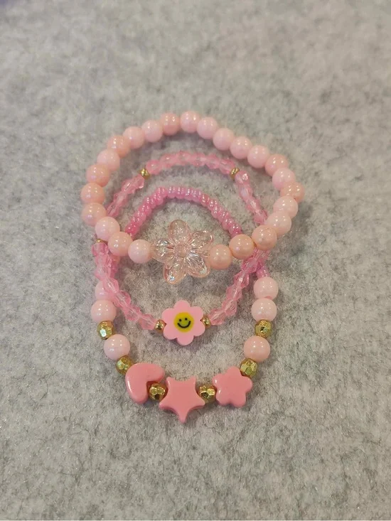 Kids Pink Beaded Flower & Smile Bracelet Set