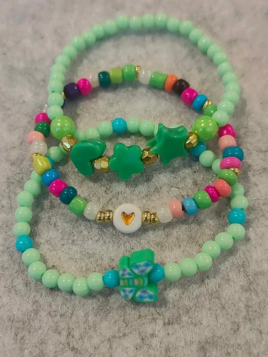 Kids Green Beaded Bracelet Set with Colorful Accents
