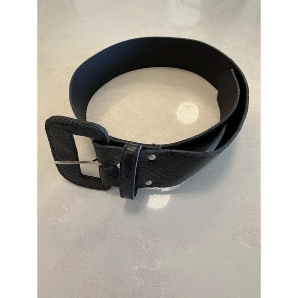 Vintage Black Faux Snakeskin Wide Waist Belt Square Buckle Women's 30
