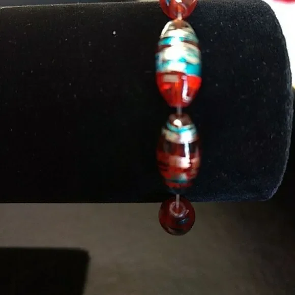 Silver blue orangish brown bead bracelet 6