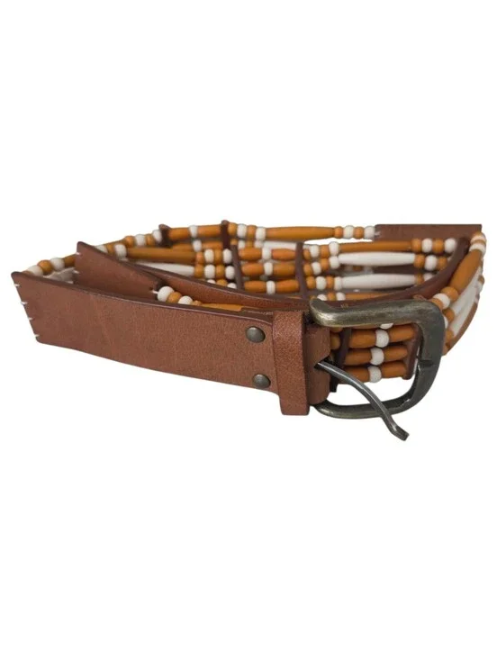 vintage boho brown leather beaded waist belt wooden hairpipe beads brass buckle