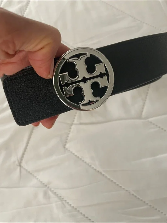 Tory Burch reversible logo belt silver hardware black &brown leather SZ M NO TAG