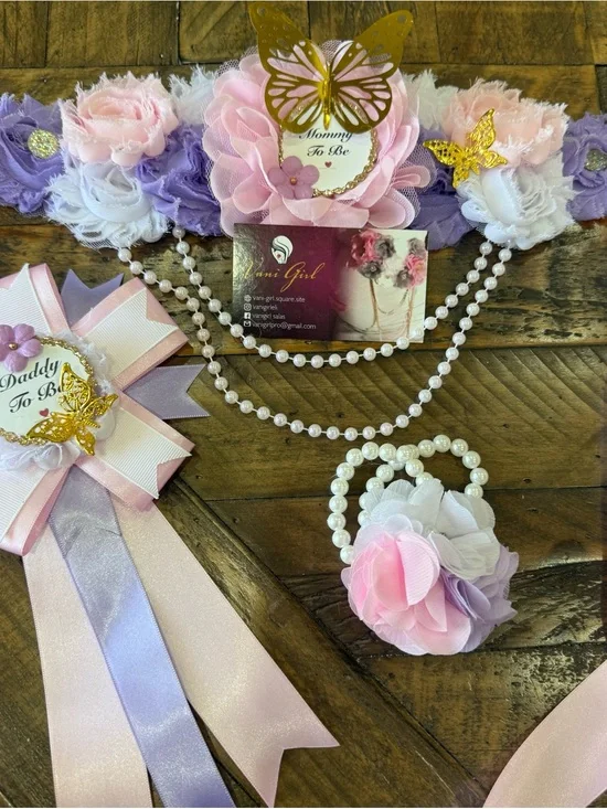 Floral Pink & Lavender Maternity Sash with Pearl Bracelet