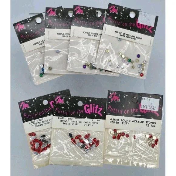 7 Lot - Vtg Puttin' On‎ The Glitz Rhinestones Acrylic Stones - 4.5mm - Rainbow