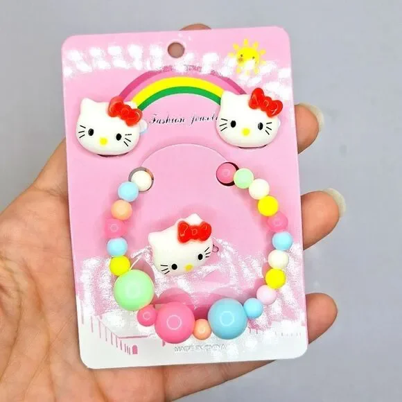 Hello kitty little girl jewelry bundle bracelet clip on earrings ring set