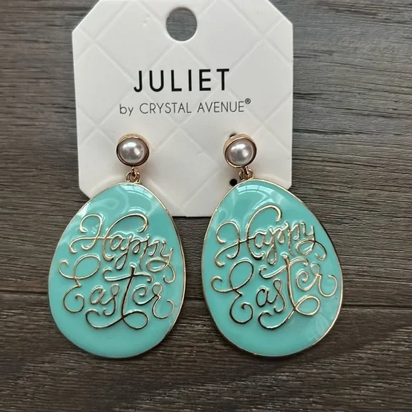 Juliet Easter Egg,Happy Easte,saying imprint drop Earrings,pearl tone stone post